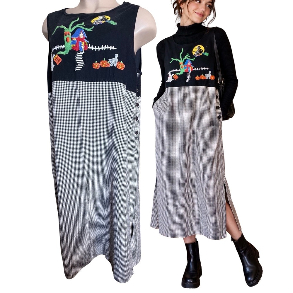 Lemon Grass Halloween Jumper Dress Witch Embroidered Gingham Black 1X